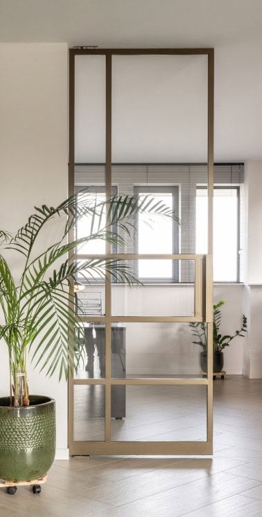 Moderne stalen taatsdeur met glazen panelen in interieur.