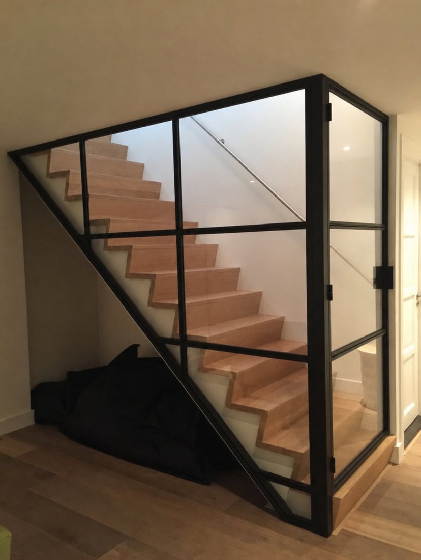 Stalen frame en deur met glas voor trap