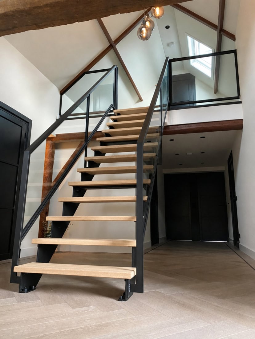 Stalen steektrap met glas staal balustrade