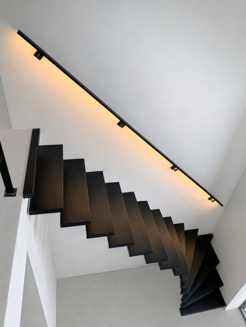 Stalen trap met zwevende traptreden en stalen trapleuning met LED verlichting