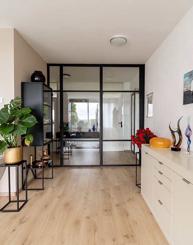 Moderne vouwdeur met zwart metalen frame en glas in een woonkamer.